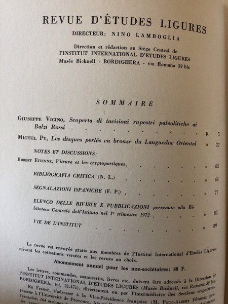 Revue d'études ligures Janvier-Mars 1972