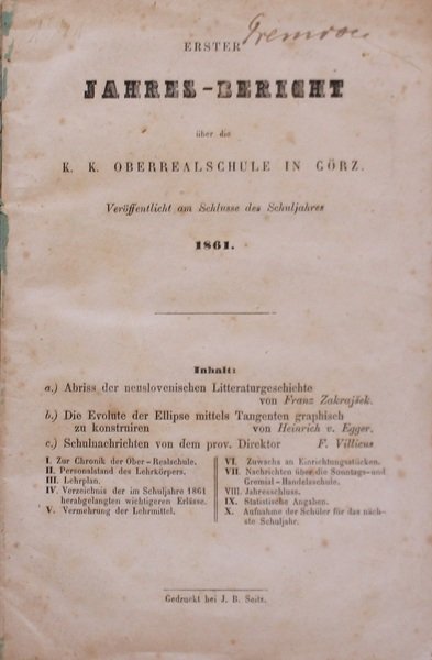 Erster Jahres-Bericht uber die Oberrealschule in Gorz 1861.