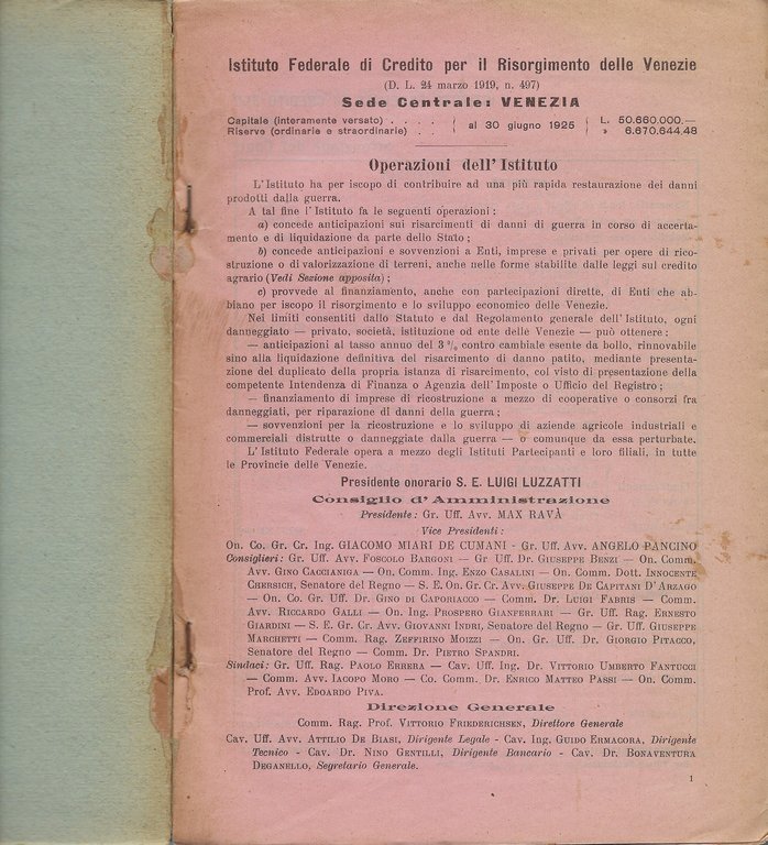 "Istituto Federale di Credito per il Risorgimento delle Venezie" Quaderno …