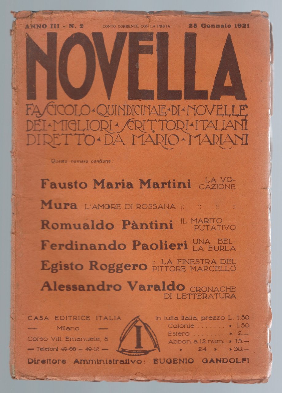 "Novella, fascicolo quindicinale di novelle" Anno III - n° 2 …
