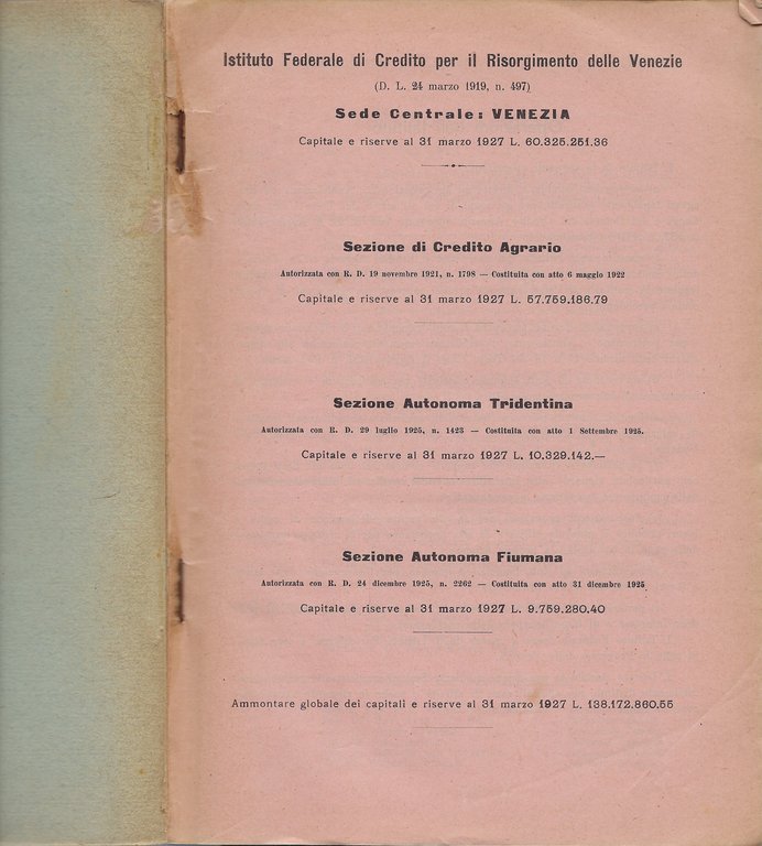 "Istituto Federale di Credito per il Risorgimento delle Venezie" Quaderno …