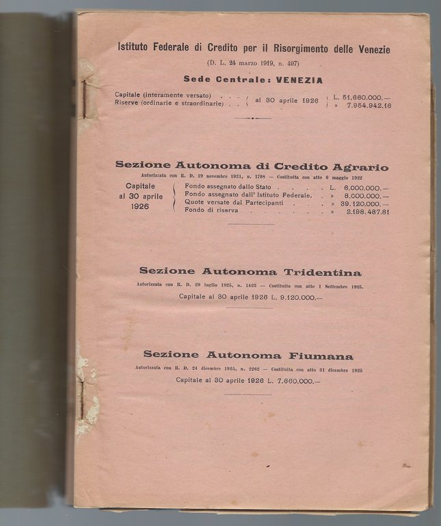 "Istituto Federale di Credito per il Risorgimento delle Venezie" Quaderno …