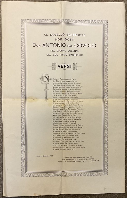 Al novello sacerdote Nob. Dott. Don Antonio Dal Covolo nel giorno solenne del suo primo sacrificio