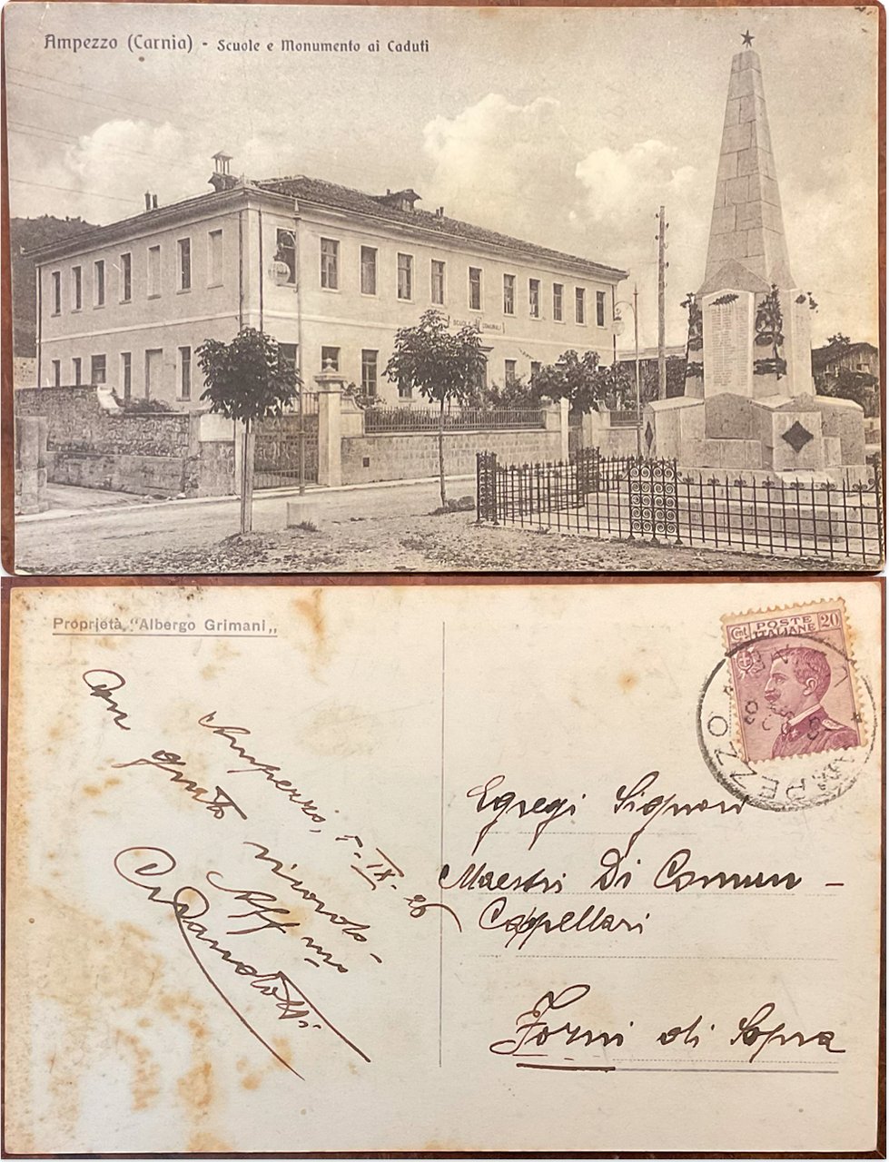 Ampezzo (Carnia). Scuole e monumento ai caduti. Cartolina