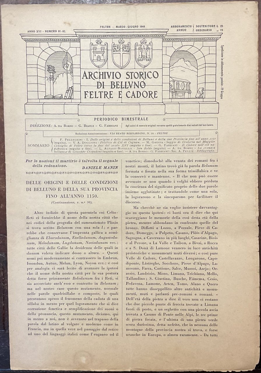 Archivio Storico di Belluno Feltre e Cadore. Anno XVI. Numero … | Immagine principale