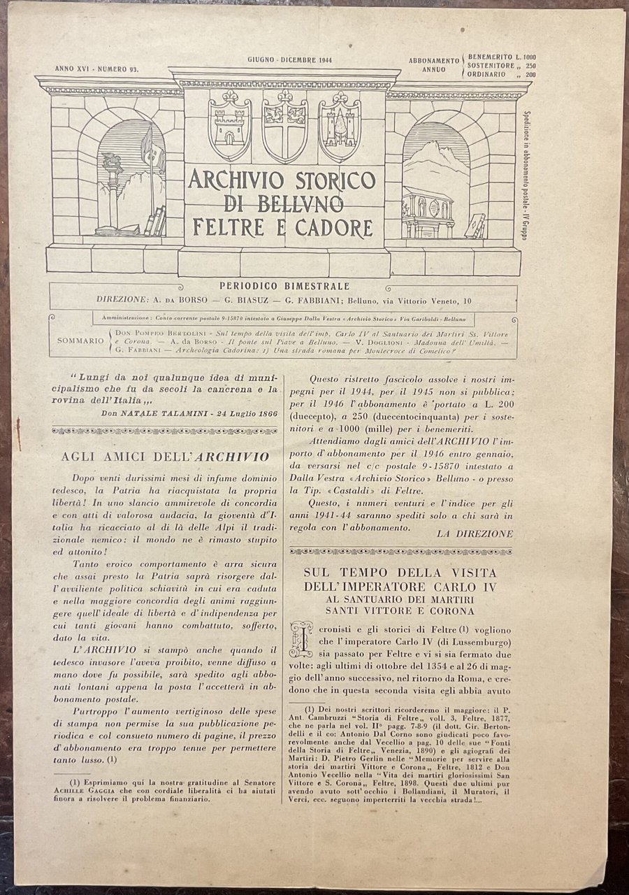 Archivio Storico di Belluno Feltre e Cadore. Anno XVI. Numero … | Immagine principale