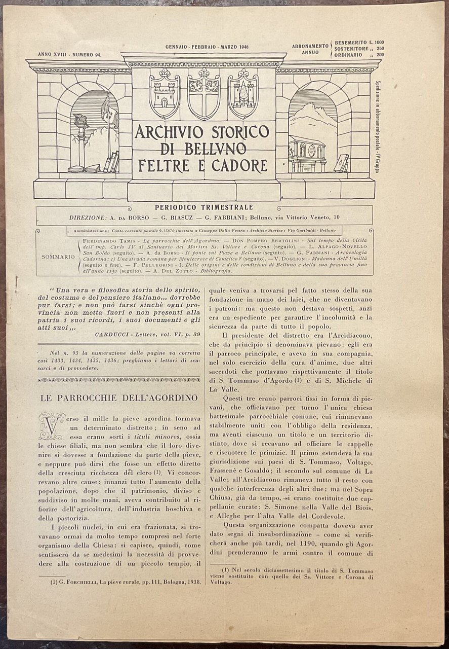 Archivio Storico di Belluno Feltre e Cadore. Anno XVIII. Numero … | Immagine principale