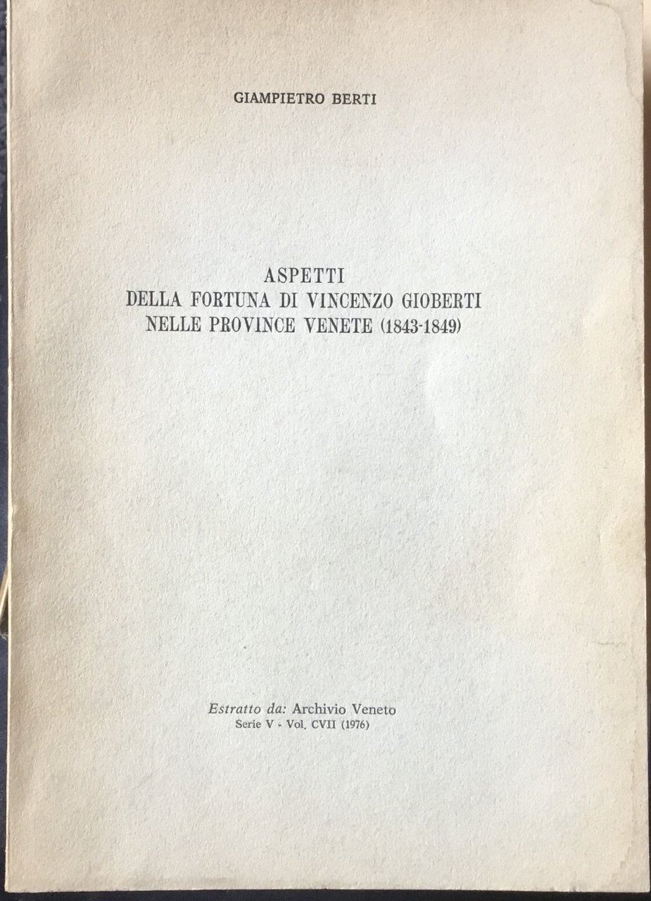 Aspetti della fortuna di Vincenzo Gioberti nelle province Venete( 1843-1849). … | Immagine principale
