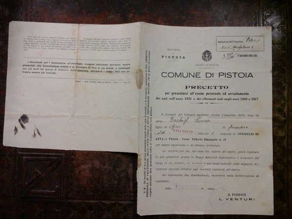 Comune di Pistoia. Precetto per presentarsi all'esame personale edarruolamento dei …