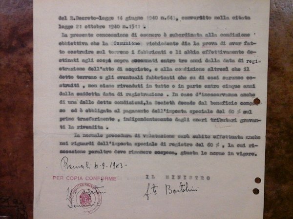 Documento autografo del Ministro delle Finanze Roma 4-9-1943