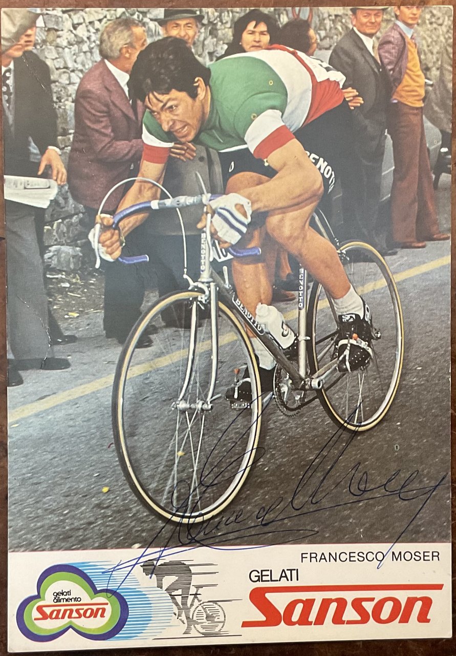 Francesco Moser, autografo su cartoncino pubblicitario