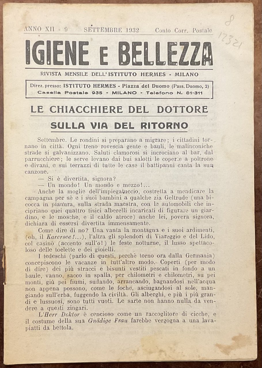 Igiene e bellezza. Pubblicazione mensile. Anno XII - N.9. Settembre …