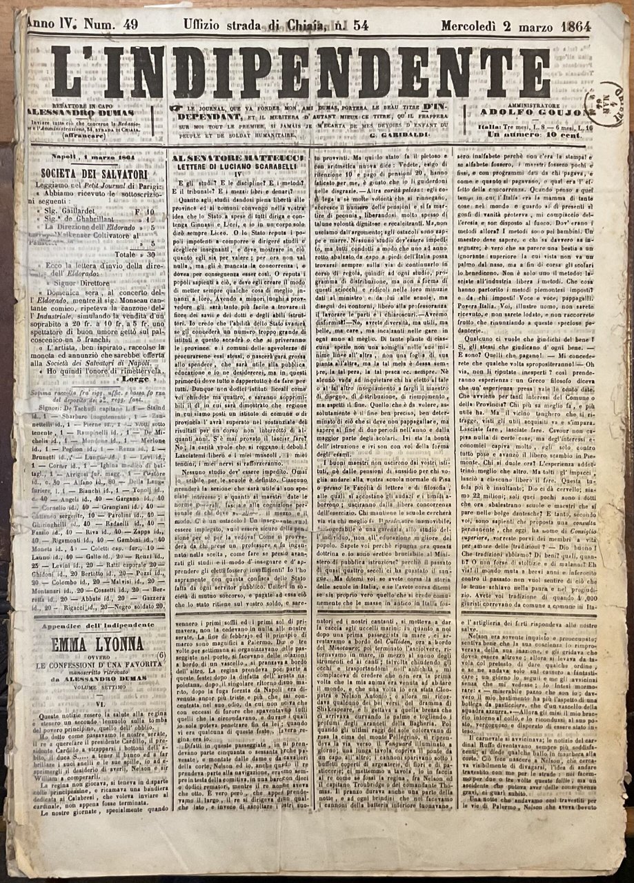 L’Indipendente. Direttore Alessandro Dumas. Da Venerdì 5 febbraio 1864 (Anno …