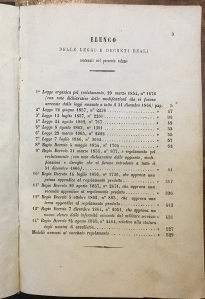 Leggi e decreti reali concernenti il reclutamento militare