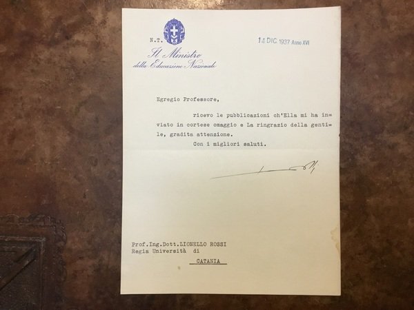 Lettera autografa di Giuseppe Bottai, Ministro dell’Educazione Nazionale