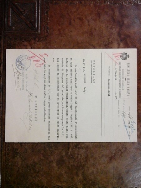 Ministero della marina. Comunicazione firmata dal Ministro della Marina Leonardi …