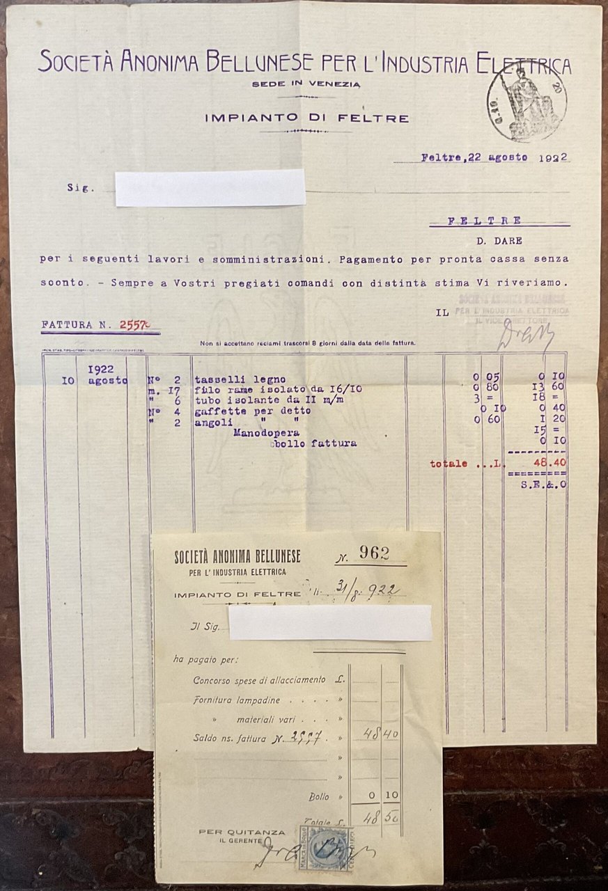 Società Anonima Bellunese per l’Industria Elettrica. Impianto di Feltre. Fattura …