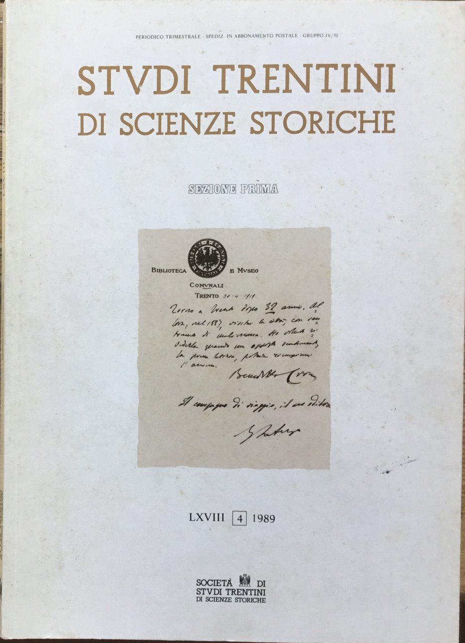 Studi Trentini di Scienze Storiche. LXVIII 4 1989. Sezione prima.