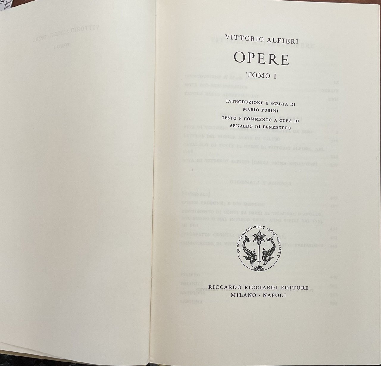 Vittorio Alfieri. Opere. Tomo 1. La Letteratura Italiana.Storia e Testi. …
