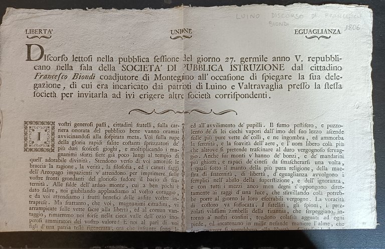 Discorso letto da Francesco Biondi ai patrioti di Luino e …