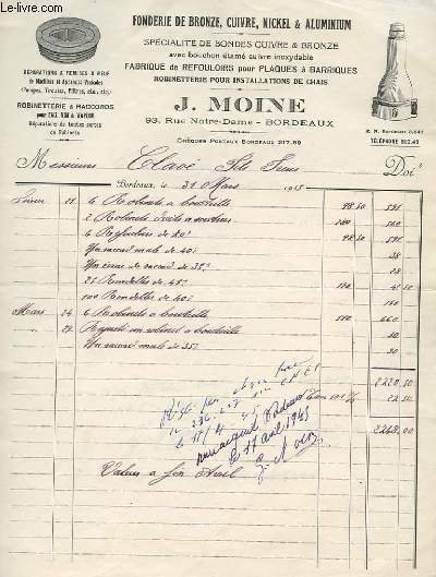 1 FACTURE ANCIENNE FONDERIE DE BRONZE, CUIVRE, NICKEL ET ALUMINIUM, …