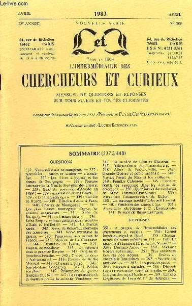 L'INTERMEDIAIRE DES CHERCHEURS ET CURIEUX N° 385 - QUESTIONS 337 …