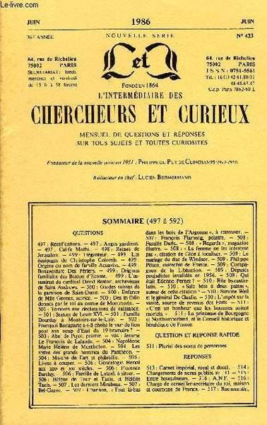 L'INTERMEDIAIRE DES CHERCHEURS ET CURIEUX N° 423 - QUESTIONS 497 : Rectifications. — 497 : Anges gardiens.-497 : Calife Mothi. - 498 : Reines de Jérusalem. - 499 : Trèganteur. - 499 : Les équipages de Christophe Colomb.
