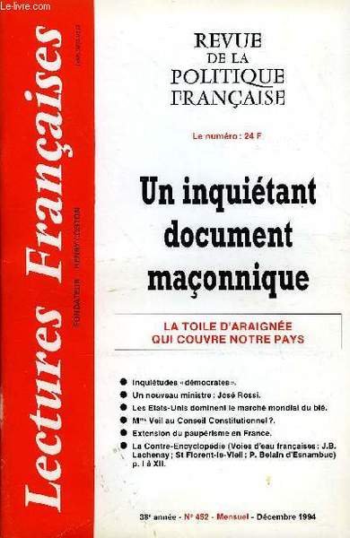 LECTURES FRANCAISES N� 452 - UN INQUIETANT DOCUMENT MACONNIQUE, LA …