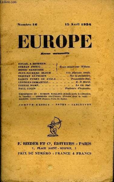 EUROPE REVUE MENSUELLE N� 16 - EDGAR.-A MOWRER. / ST�FAN …