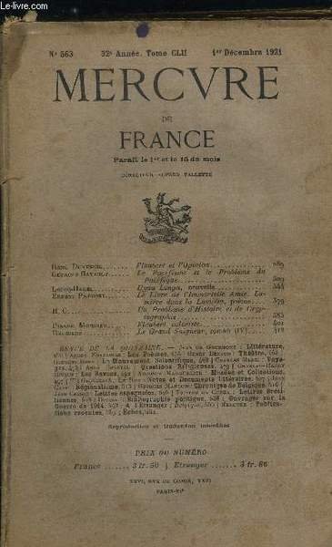 MERCURE DE FRANCE N� 563 - TOME CLII - Flaubert et l'opinion par Ren� Dumesnil, Le Pacifisme et le probl�me du Pacifique par Georges Batault, Ugua Longa par Lecoq-Hagel, Le livre de l'immortelle amie, lumi�re dans la lumi�re par Ernest Pr�vost