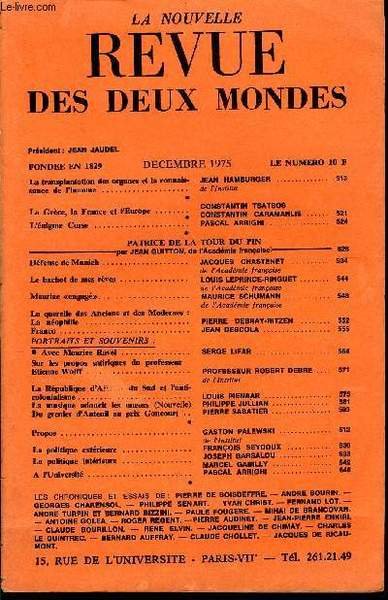 LA NOUVELLE REVUE DES DEUX MONDES N�12 - La transplantation …
