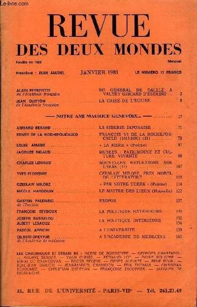 REVUE DES DEUX MONDES N�1 - ALAIN PEYREFITTE de l�Acad�mie …