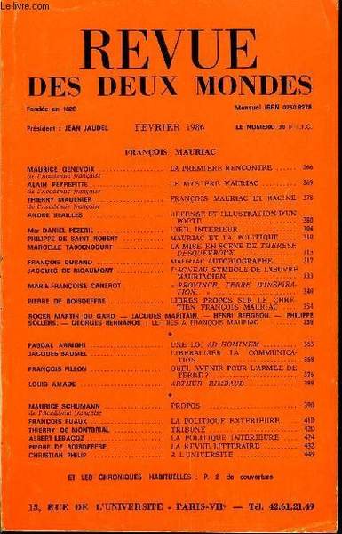 REVUE DES DEUX MONDES N�2 - FRAN�OIS MAURIACMAURICE GENEVOIX de …