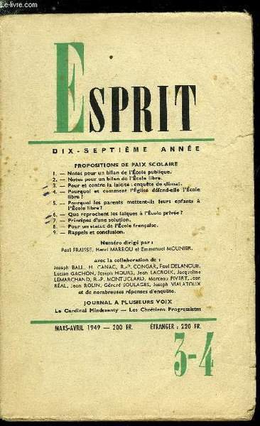 Esprit n° 154 - Propositions de paix scolaire - Notes …