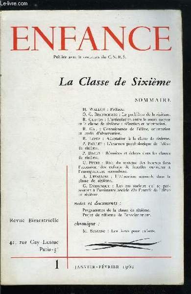 Enfance n� 1 - Pr�face par H. Wallon, Le probl�me …
