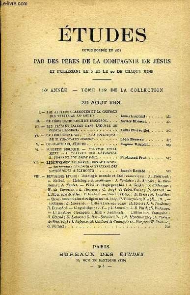 Etudes tome 136 n� 16 - Les auteurs classiques et la critique des textes au XXe si�cle par Louis Laurand, Le g�nie catholique de Thompson par Xavier Moisant, Les paysans sardes dans l'oeuvre de Grazia Deledda par Louis Chervoillot, Le livre d'une vie