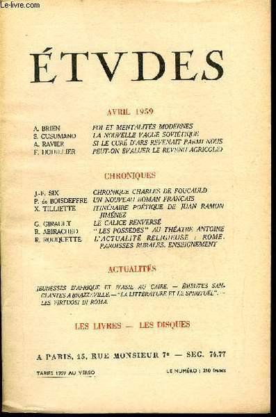 Etudes tome 301 n� 4 - Foi et mentalit�s modernes …