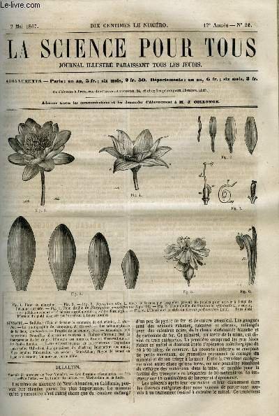 La science pour tous n° 22 - Minerais de mercure de New-Almaden, Les flammes résonnantes, Les usages de l'ortie, La fumée du cuivre, Vitrification de la fonte, La photographie de campagne par J. Girard, Les métamorphoses de la fleur par Duchartre, Progrès