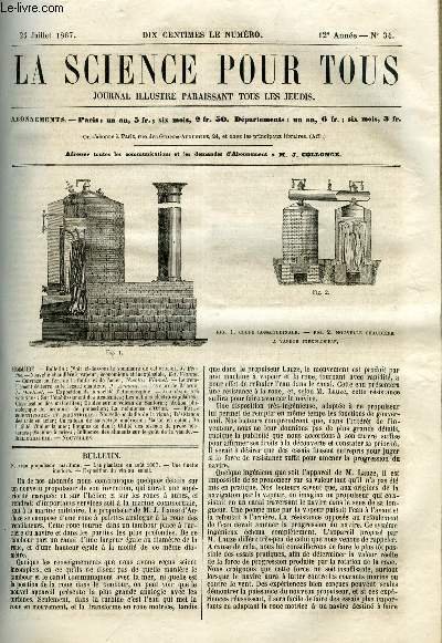 La science pour tous n° 34 - Nouveau propulseur maritime, Les planètes en aout 1867, Une tinette inodore, Exposition du vin au soleil, Nouvelle chaudière a vapeur, économique et inexplosible par Ed. Vianne, Cuivrage du fer, de la fonte et de l'acier