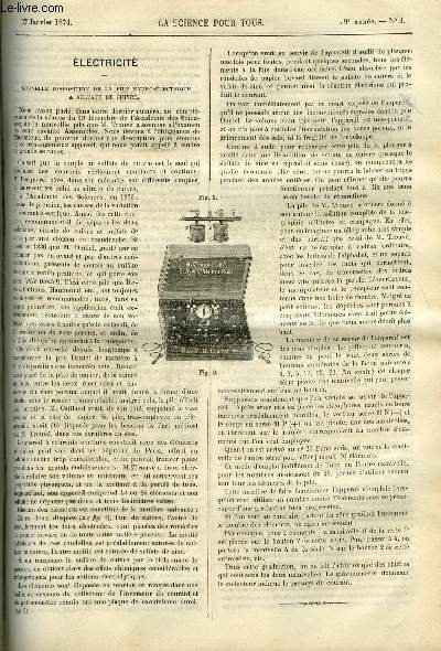 La science pour tous n° 3 - Nouvelle disposition de la pile hydro-électrique a sulfate de cuivre, Opinions astronomiques des anciens, Rapports entre les taches solaires, les tremblements de terre aux Antilles et aux Mexique et les éruptions volcaniques