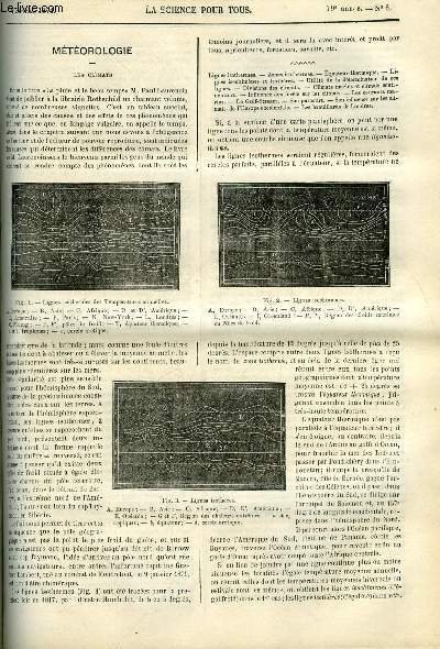 La science pour tous n° 6 - Les climats par Paul Laurencin, Note sur les étoiles temporaires, Opinions astronomiques des anciens, Production de la levure dans un milieu minéral sucré, Le challenger, Pompe hydropneumatique, transmission de la puissance