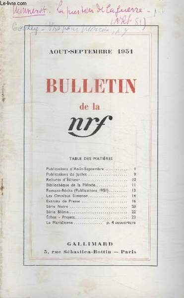 BULLETIN AOUT-SEPTEMBRE 1951 N°50. PUBLICATIONS DAOUT SEPTEMBRE/ PUBLICATIONS DE JUILLET/ … | Immagine principale