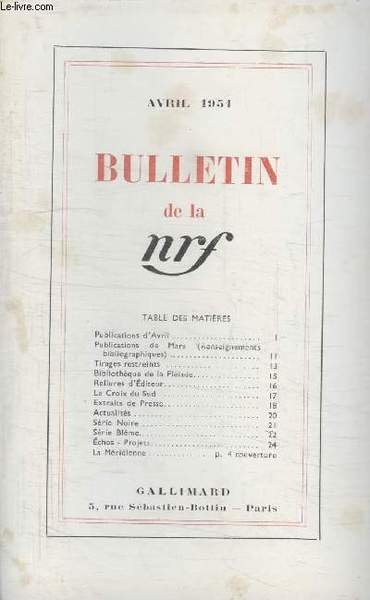 BULLETIN AVRIL 1951 N°46. PUBLICATION DAVRIL/ PUBLICATIONS DE MARS/ TIRAGES … | Immagine principale