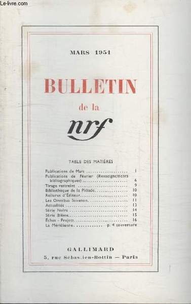 BULLETIN MARS 1951 N°45. PUBLICATIONS DE MARS/ PUBLICATIONS DE FEVRIER/TIRAGE … | Immagine principale