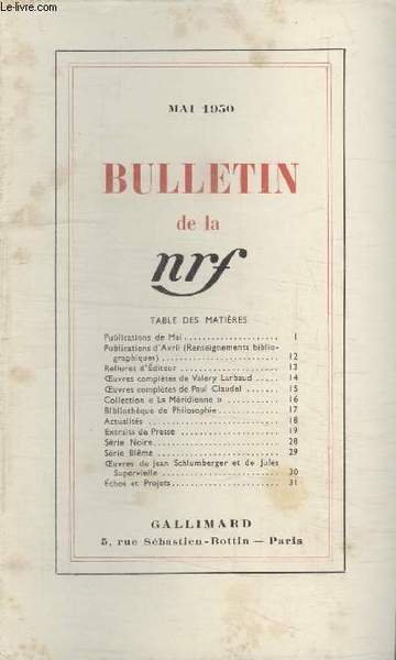 BULLETIN MAI 1950 N°35. PUBLICATIONS DE MAI/ PUBLICATIONS DAVRIL/ RELIURES … | Immagine principale