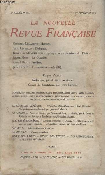 COLLECTION LA NOUVELLE REVUE FRANCAISE N° 183. HYMNES PAR GIUSEPPE UNGARETTI/ DIALOGUES PAR PAUL LEAUTAUD/ LA QUESTION PAR PIERRE HAMP/ FEUILLETS PAR ANDRE GIDE.