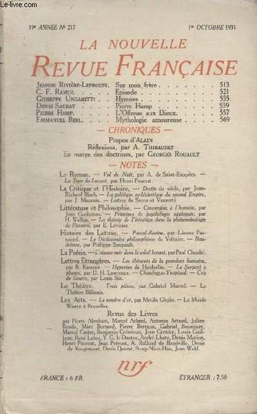 COLLECTION LA NOUVELLE REVUE FRANCAISE N° 217. SUR MON FRERE PAR JEANNE RIVIERE LEPROUST/ EPISODE C.F. RAMUZ/ HYMNES PAR GIUSEPPE UNGARETTI/ LOFFENSE AUX DIEUX PAR PIERRE HAMP/ MYTHOLOGIE AMOUREUSE PAR EMMANUEL BERL.
