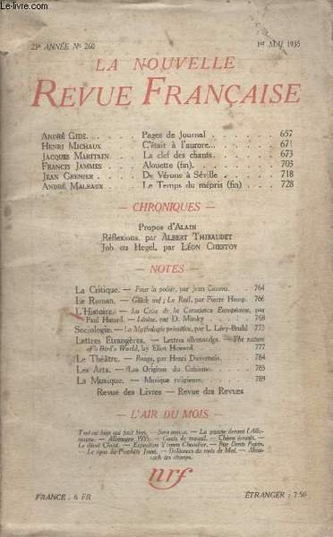 COLLECTION LA NOUVELLE REVUE FRANCAISE N° 260. CETAIT A LAURORE PAR HENRI MICHAUX/ LA CLEF DES CHANTS PAR JACQUES MARITAIN/ DE VERONE A SEVILLE.