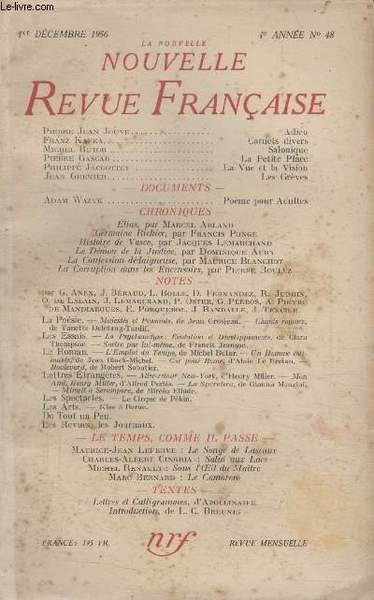 COLLECTION LA NOUVELLE NOUVELLE REVUE FRANCAISE N°48. ADIEU PAR PIERRE …