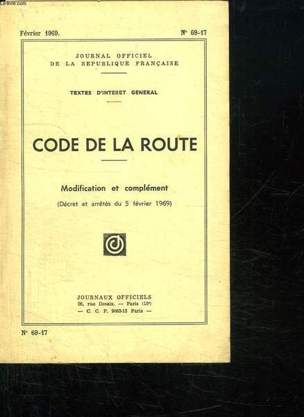 CODE DE LA ROUTE N° 69 - 17 FEVRIER 1969. … | Immagine principale